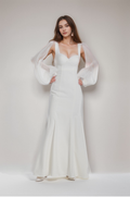 Ethereal Sculpted Bust Mermaid Gown with Sheer Balloon Sleeves