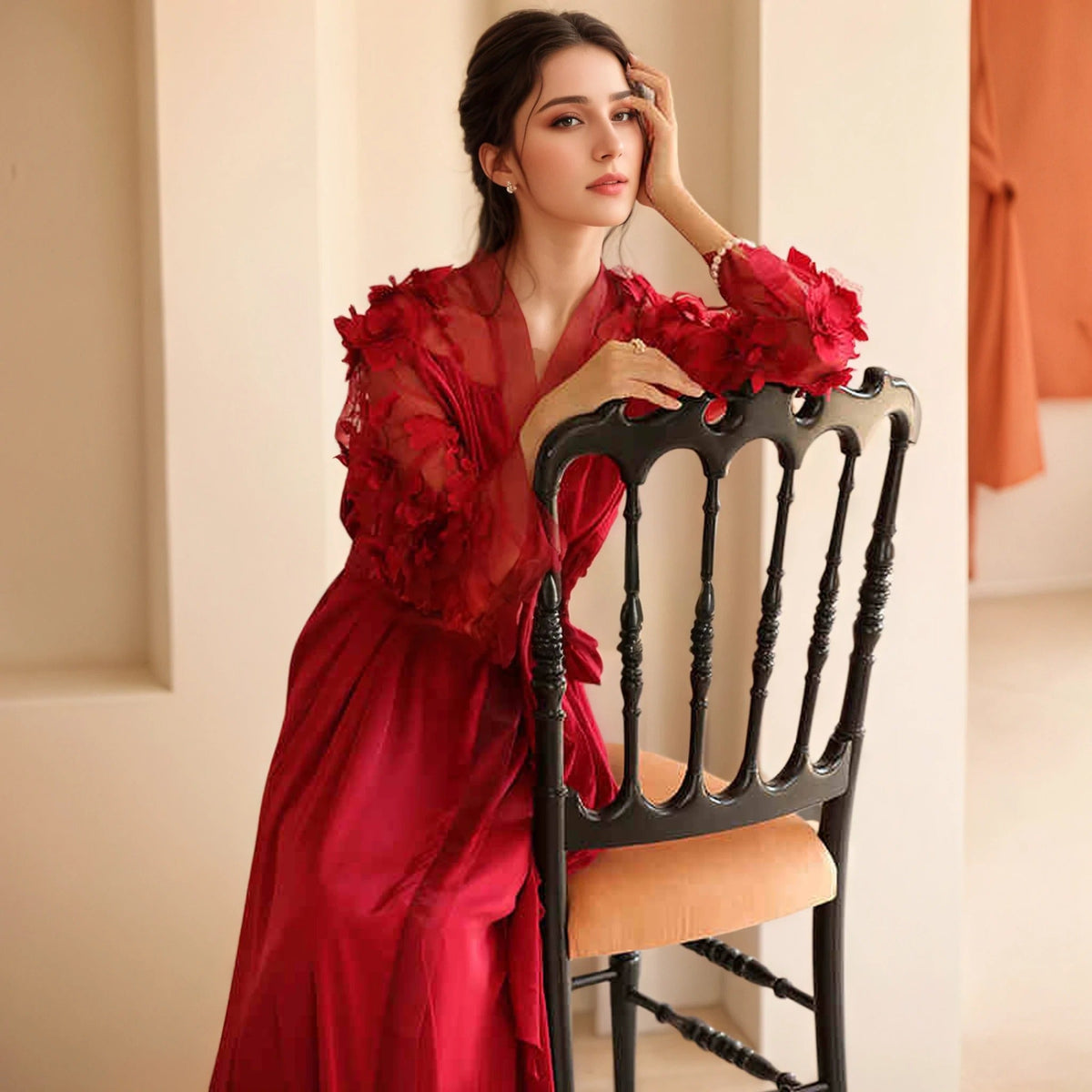 3D Floral Appliqué Sheer Sleeve Satin Robe – Wine Red or Ivory White