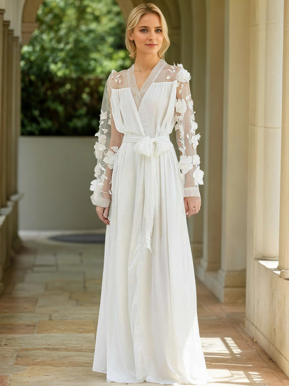 3D Floral Appliqué Sheer Sleeve Satin Robe – Wine Red or Ivory White