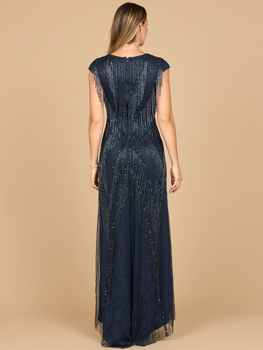 Beaded Fringe V-Neckline Dress with Cap Sleeves | Lara 28858