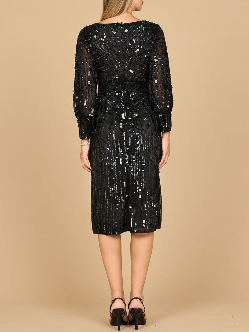 Lara 28855 - Beaded A-line Midi Dress with Long Sleeves