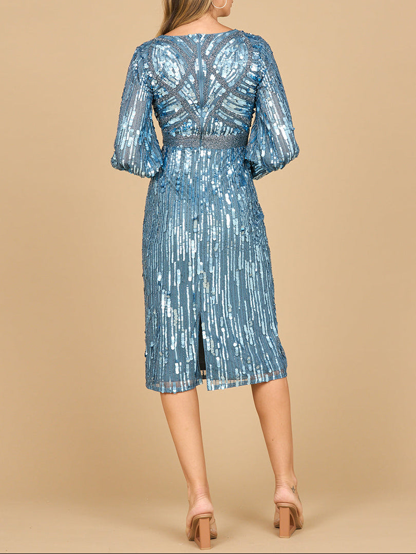 Lara 28855 - Beaded A-line Midi Dress with Long Sleeves