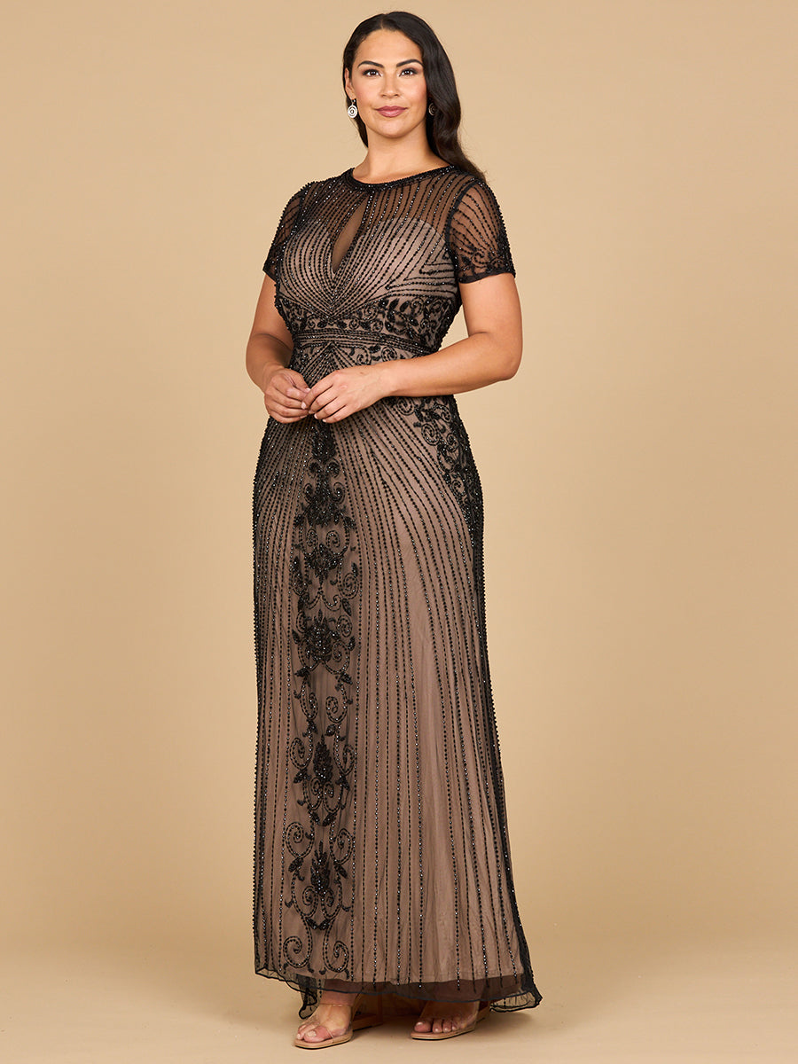 Beaded Cap Sleeve Illusion Plunge Gown | Lara 28869