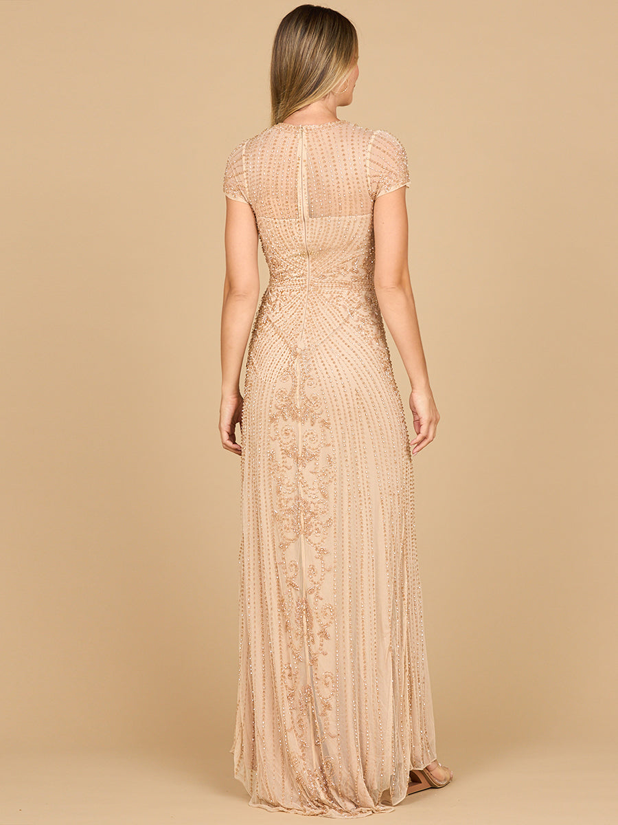 Beaded Cap Sleeve Illusion Plunge Gown | Lara 28869