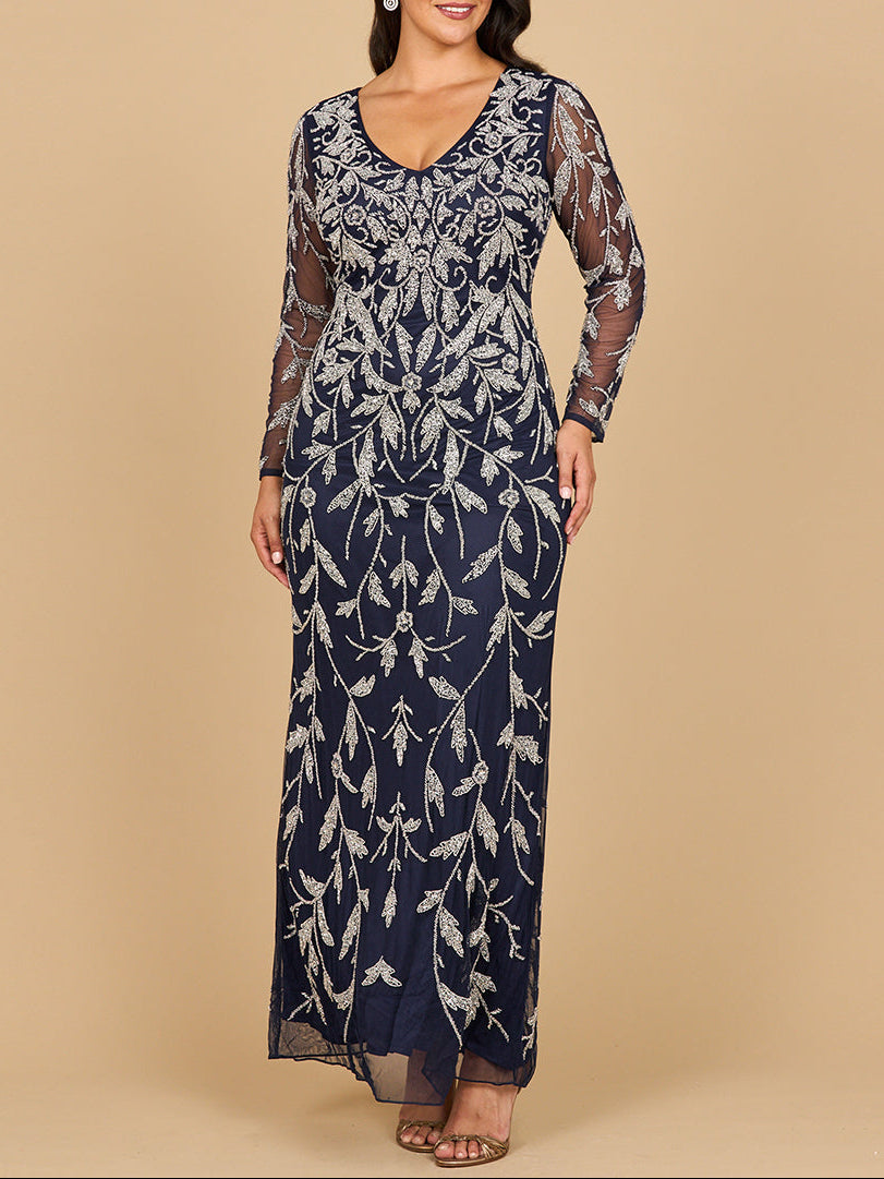 Long Sleeve Contrast Beaded Gown | Lara 28870