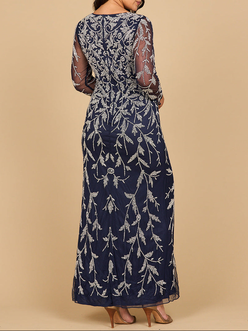 Long Sleeve Contrast Beaded Gown | Lara 28870