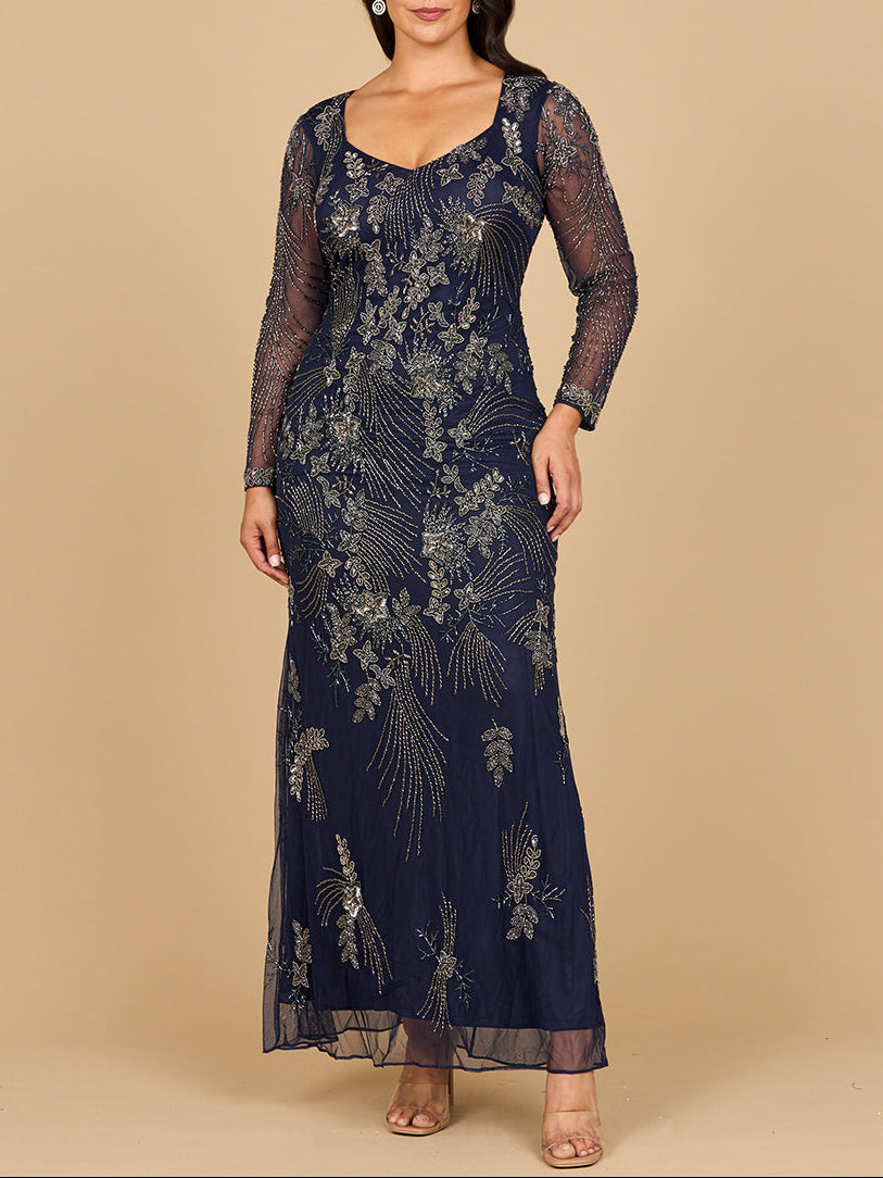 Long Sleeve Queen Anne Beaded Gown | 28874