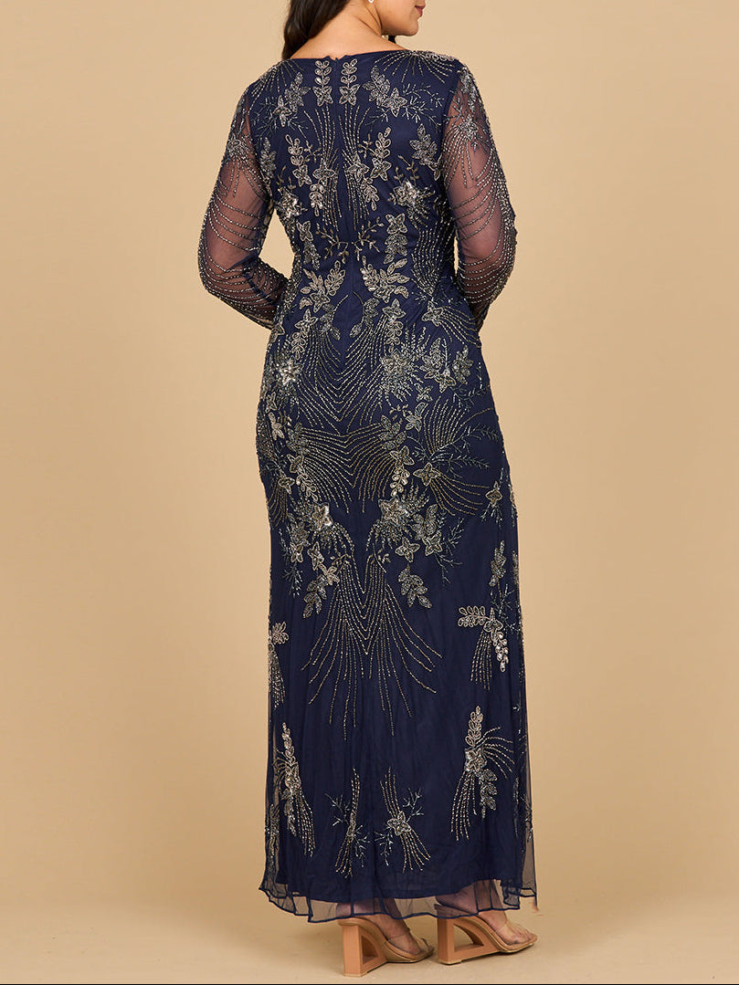 Long Sleeve Queen Anne Beaded Gown | 28874