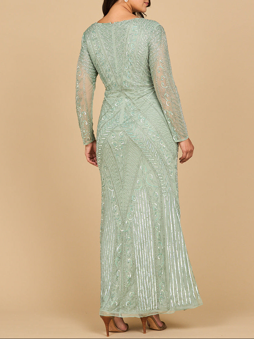 Long Sleeve Geometric Beaded Gown | 28875