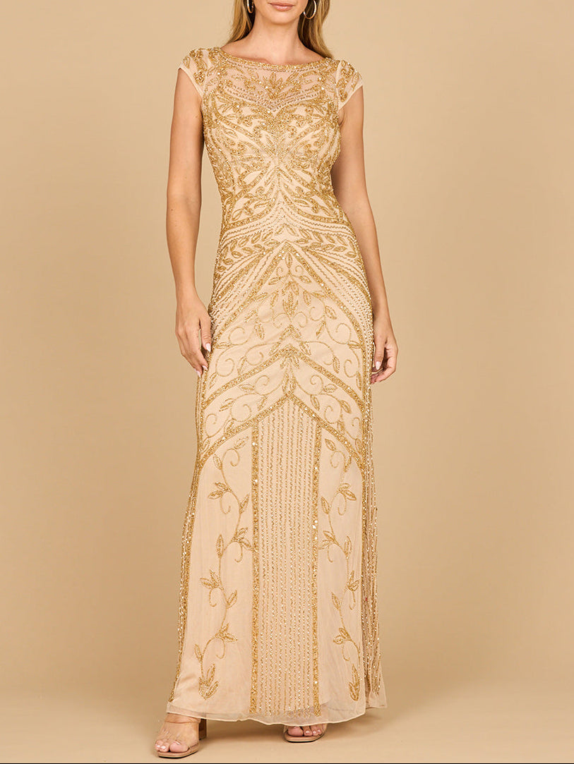 Beaded Cap Sleeve Sheath Gown | 28876