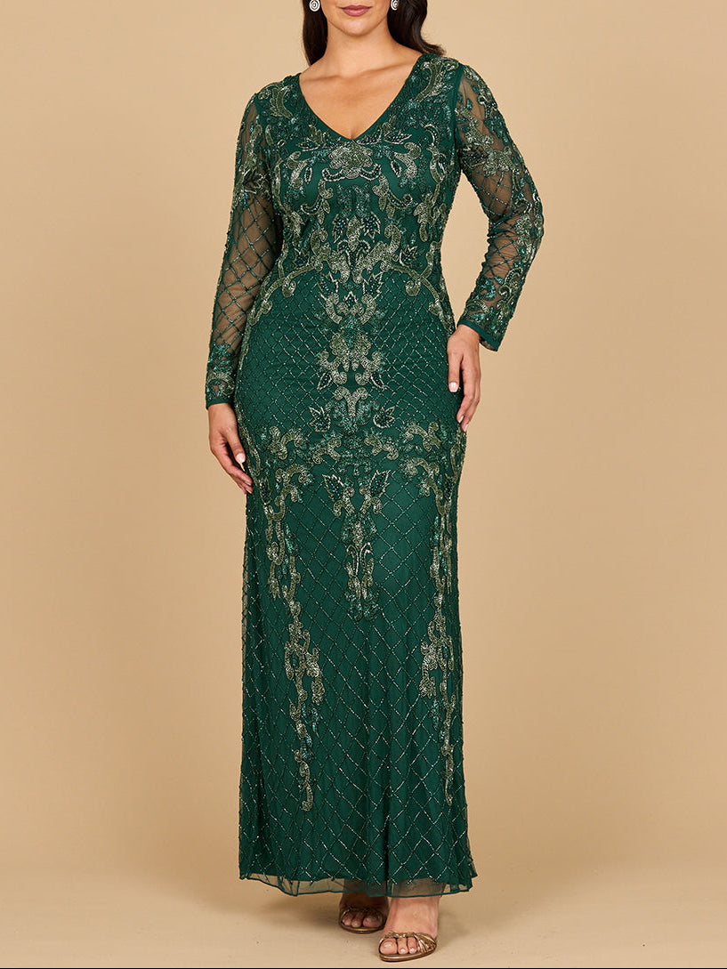 Long Sleeve Contrast Beaded Gown | 28877