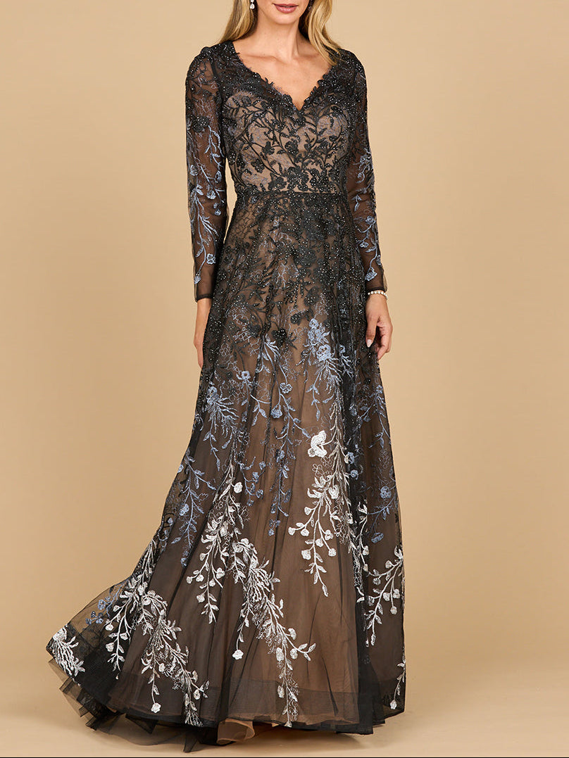 Long Sleeve V-Neck Ombre Lace Gown | 28878