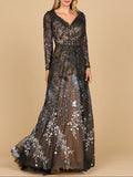 Long Sleeve V-Neck Ombre Lace Gown | 28878