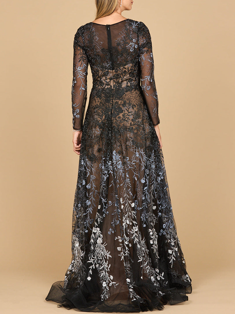 Long Sleeve V-Neck Ombre Lace Gown | 28878