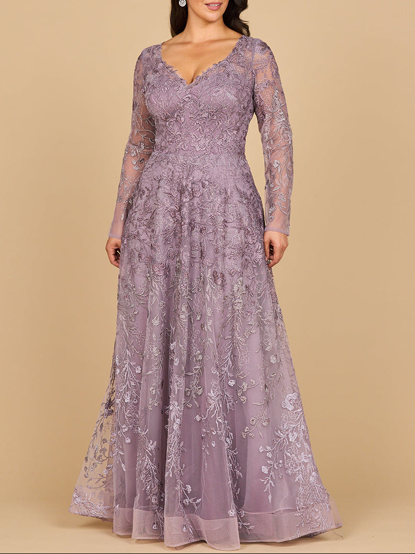 Long Sleeve V-Neck Ombre Lace Gown | 28878