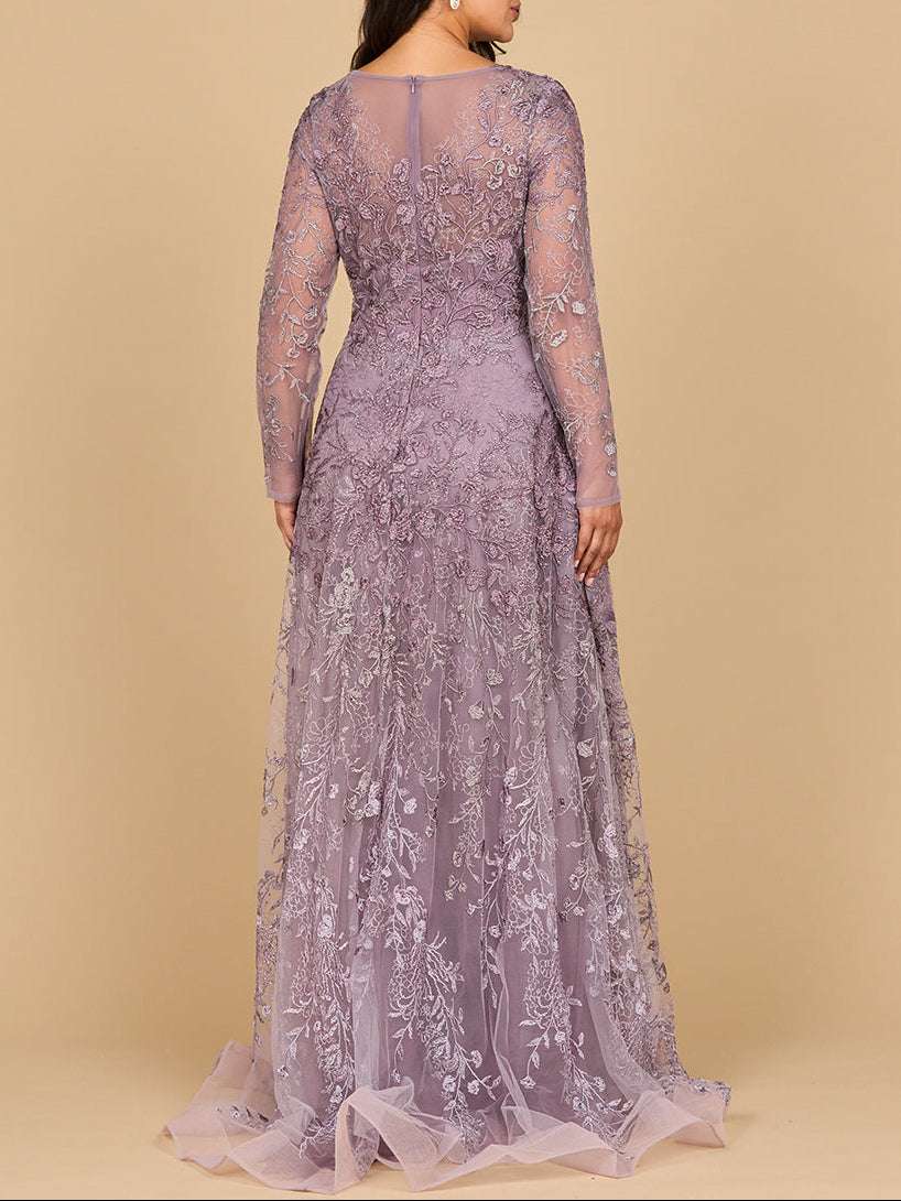 Long Sleeve V-Neck Ombre Lace Gown | 28878