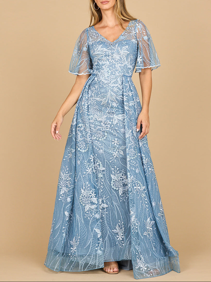 Overskirt Lace Fitted V-Neck Gown with Cape Sleeves | 28880