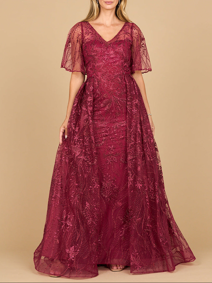 Overskirt Lace Fitted V-Neck Gown with Cape Sleeves | 28880