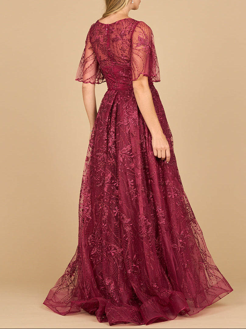 Overskirt Lace Fitted V-Neck Gown with Cape Sleeves | 28880