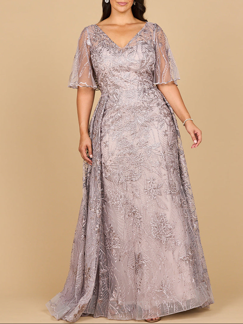Overskirt Lace Fitted V-Neck Gown with Cape Sleeves | 28880