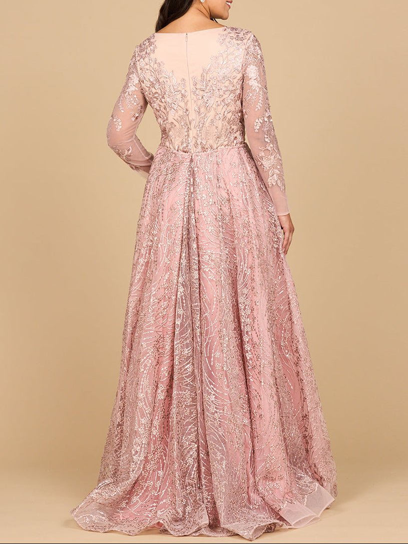 Long Sleeve Gown with Overskirt & Illusion Neckline