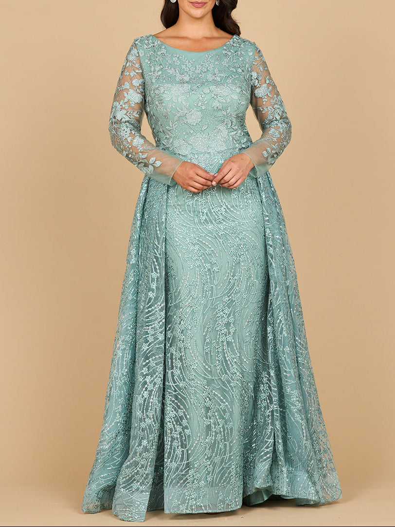 Long Sleeve Gown with Overskirt & Illusion Neckline