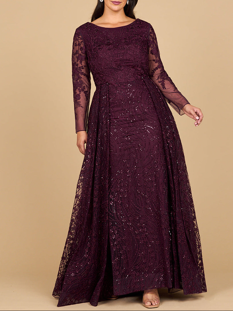 Long Sleeve Gown with Overskirt & Illusion Neckline