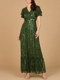 Elegant Beaded Gown with Flutter Sleeves