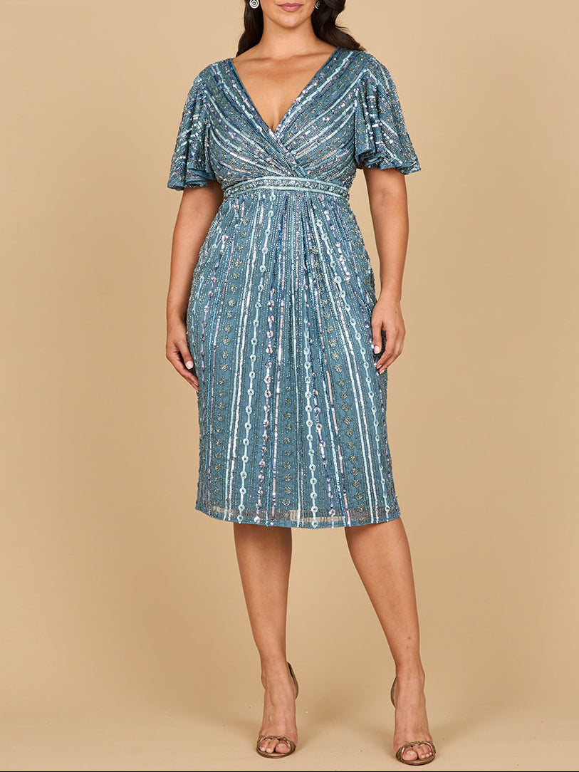 Beaded Midi Dress with Flutter Sleeves