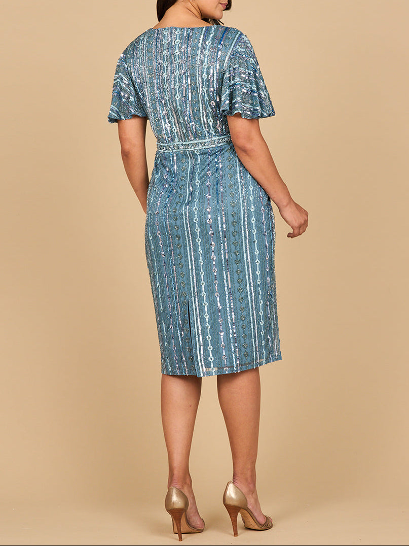 Beaded Midi Dress with Flutter Sleeves