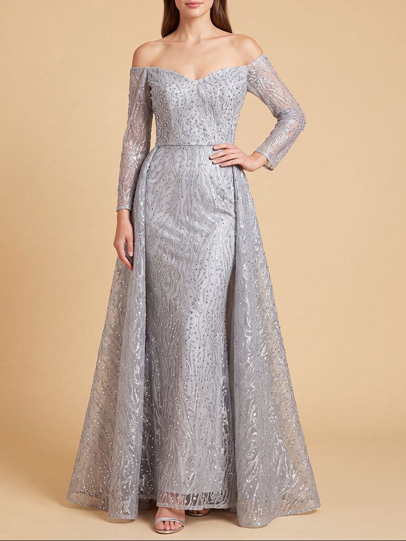 Lara 28905 - Off Shoulder Overskirt Gown