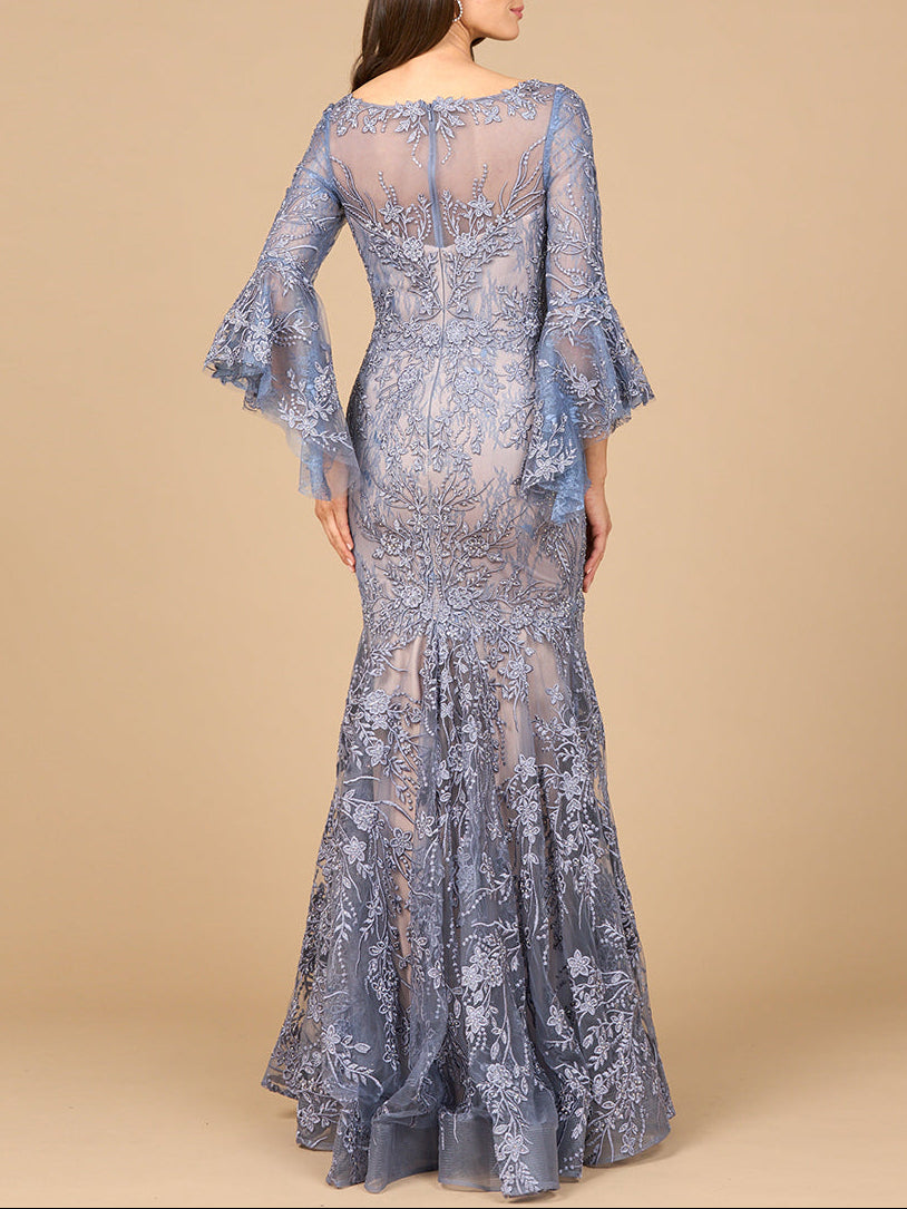 Illusion Neck, Long Bell Sleeve Gown