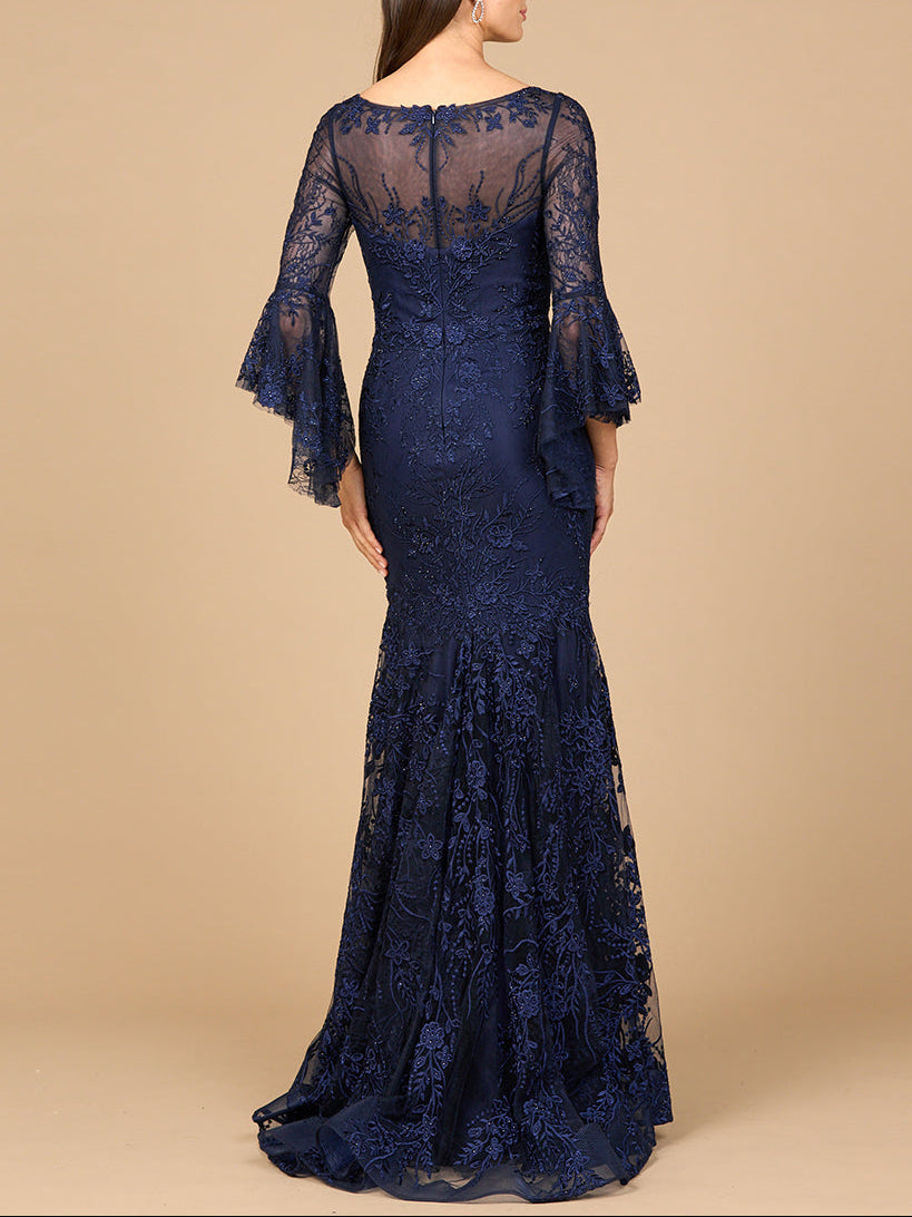 Illusion Neck, Long Bell Sleeve Gown