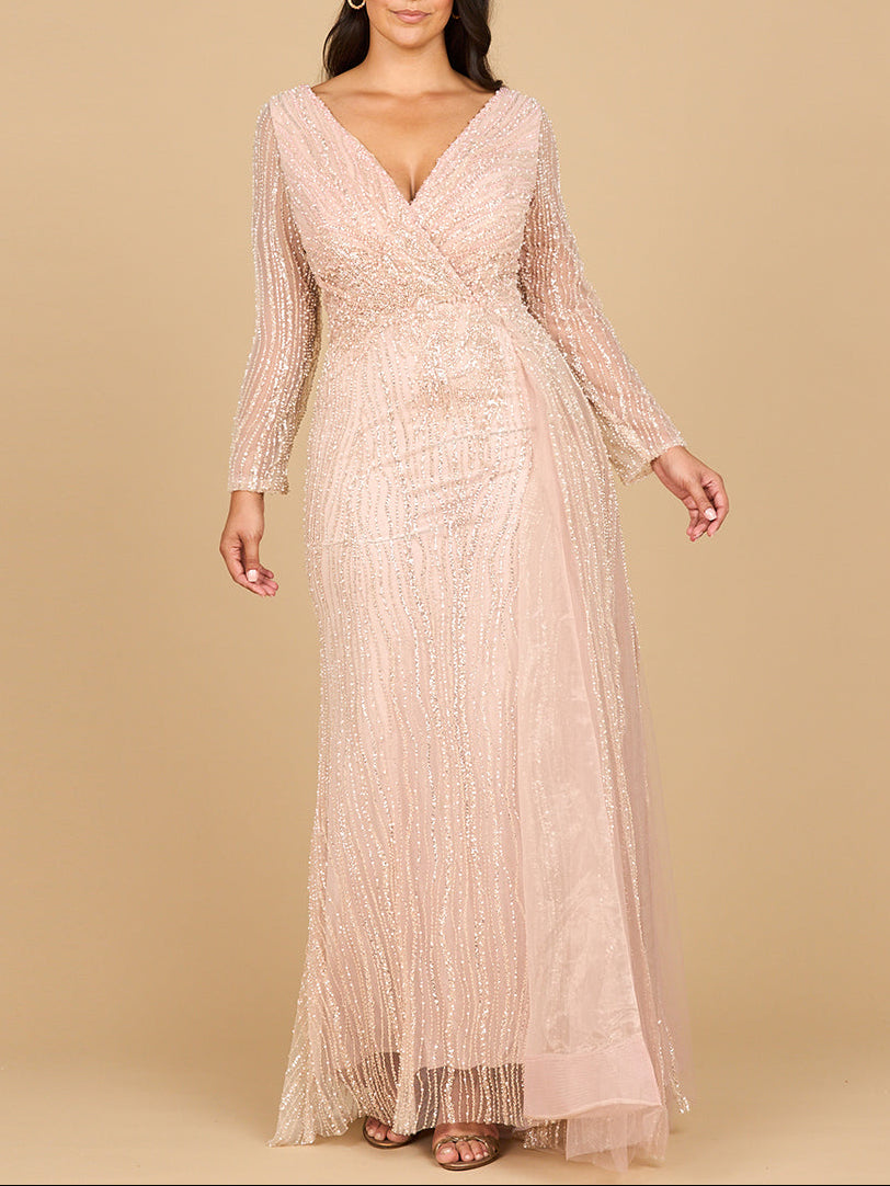 Long Sleeve V-Neck Gown with Drape