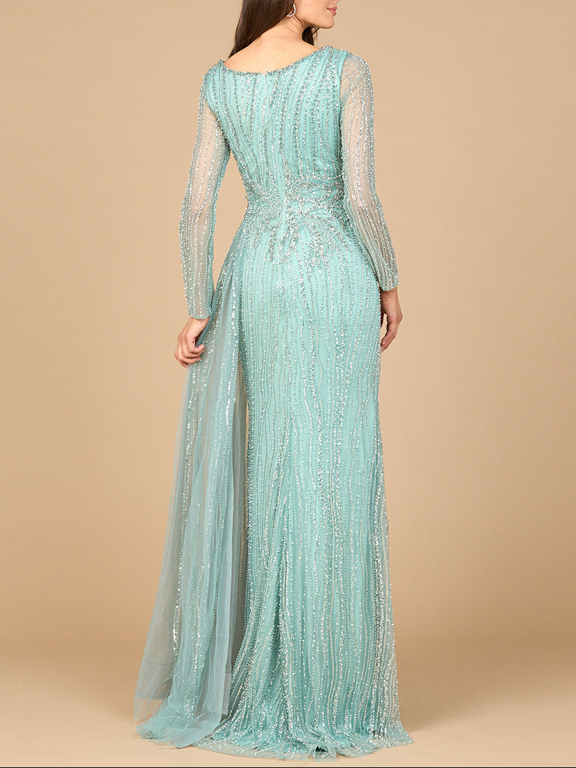 Long Sleeve V-Neck Gown with Drape