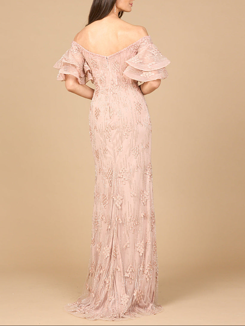 Off Shoulder Mermaid Gown with Tiered Sleeves