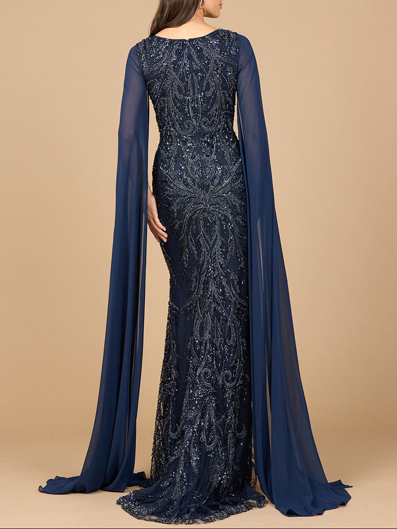 High Neck Gown with Chiffon Cape Sleeves