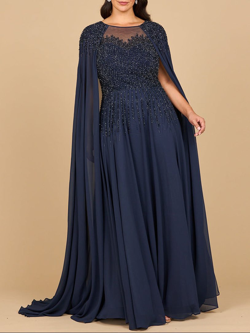Chiffon A-line Long Gown with Long Cape Sleeves | Lara 28943