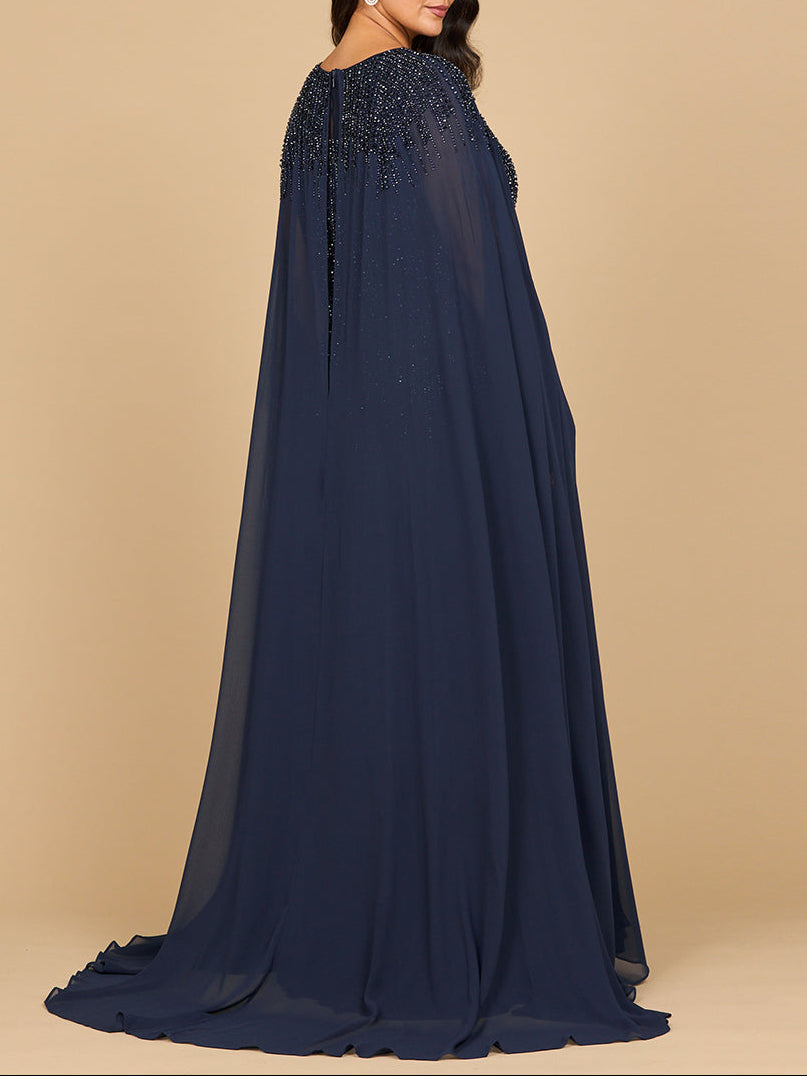 Chiffon A-line Long Gown with Long Cape Sleeves | Lara 28943