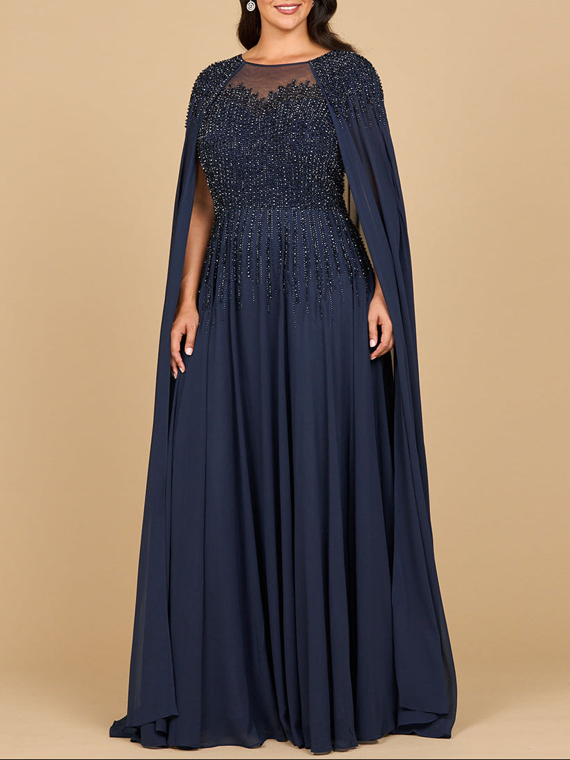 Chiffon A-line Long Gown with Long Cape Sleeves | Lara 28943