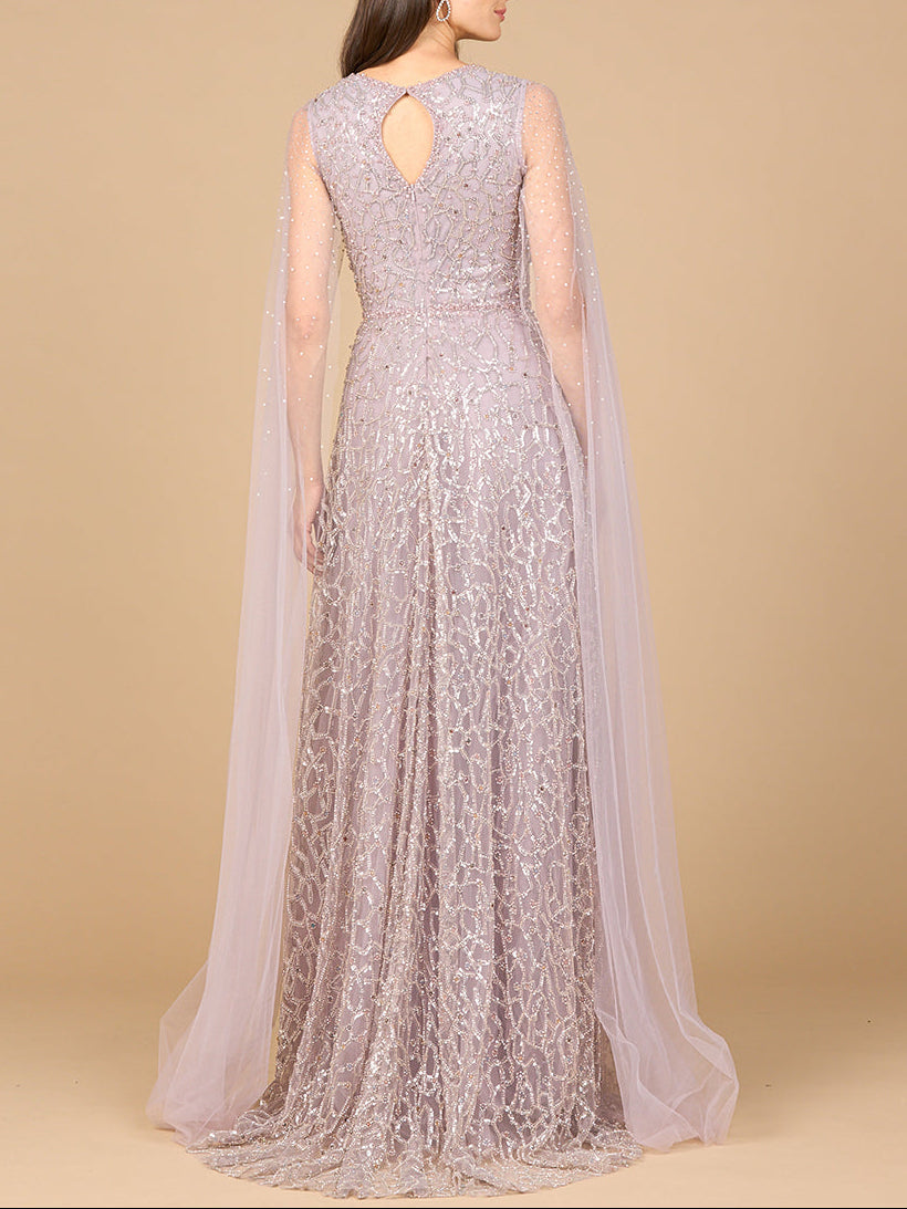 Beaded Lace Gown with Cape Sleeves