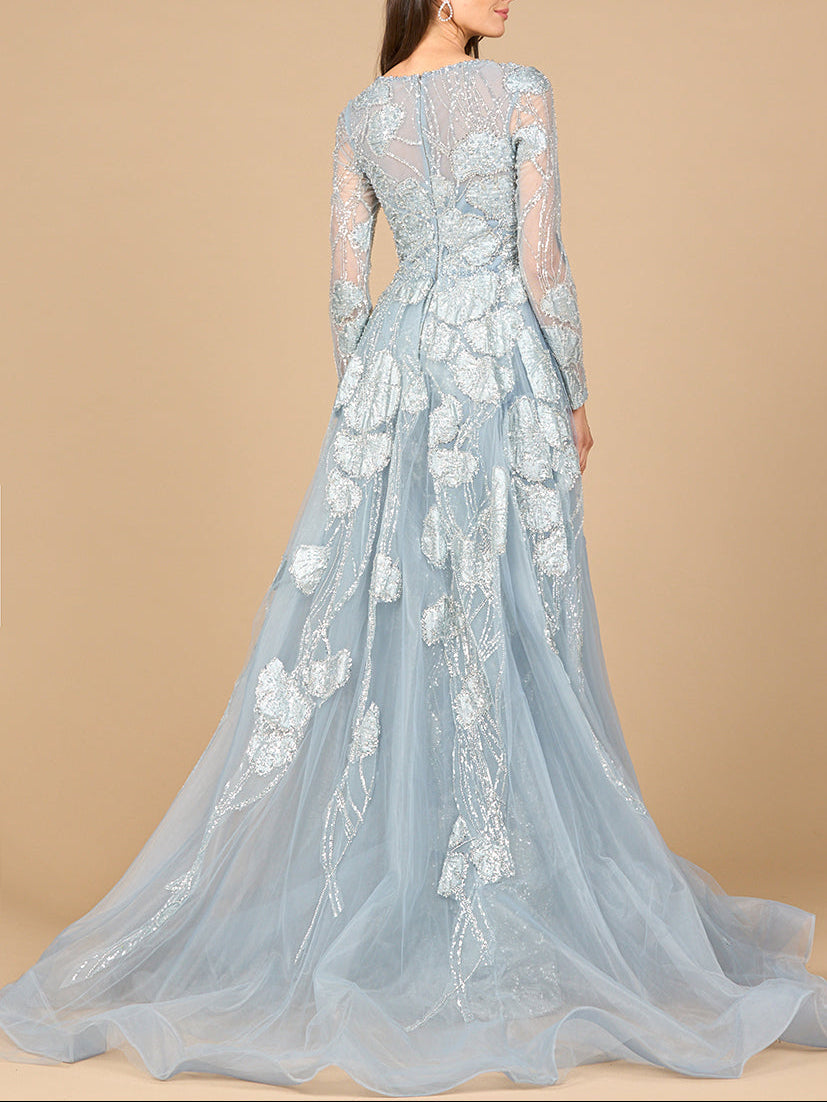 Long Sleeve Lace Gown with Overskirt