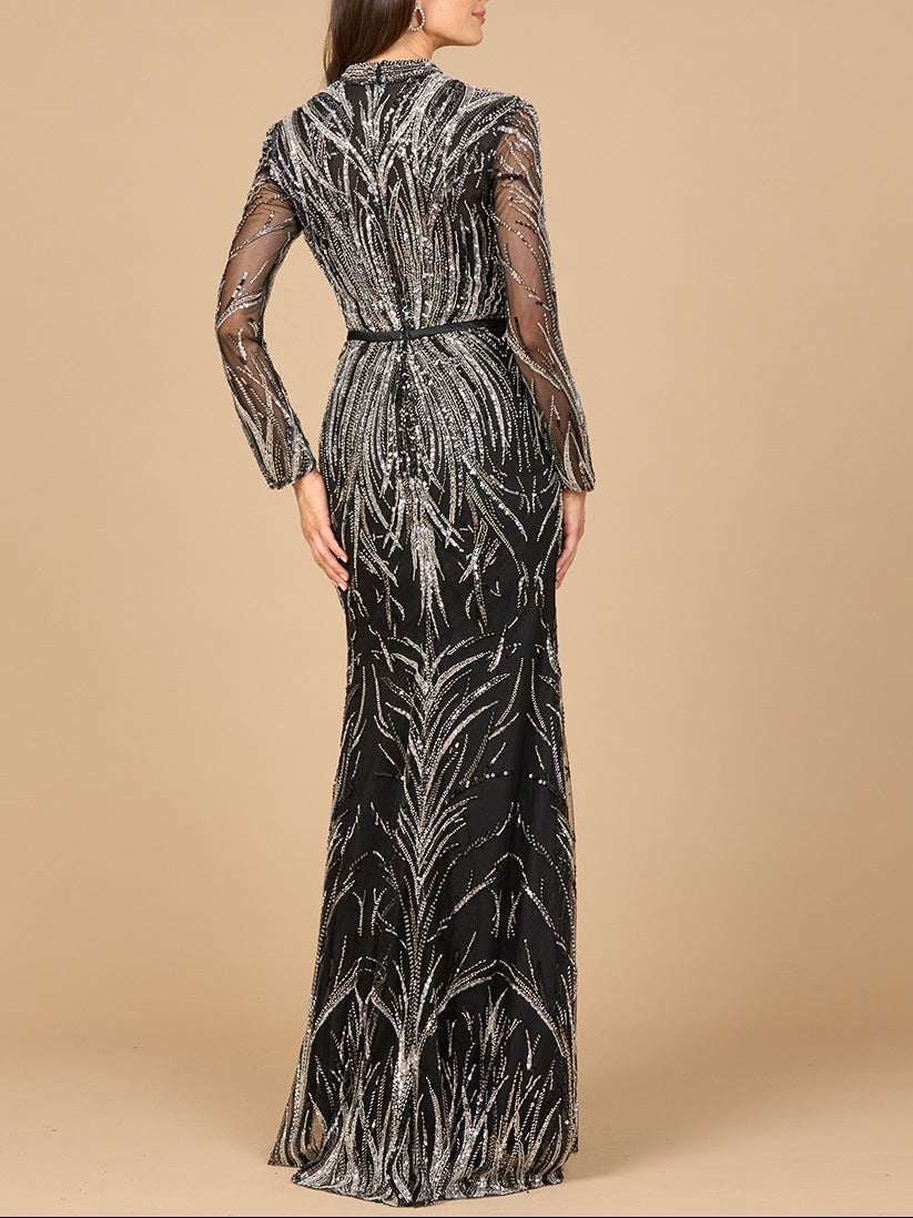 Mandarin V-Neck Gown with Long Sleeves