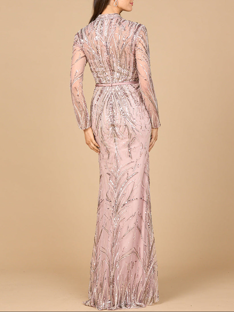 Mandarin V-Neck Gown with Long Sleeves