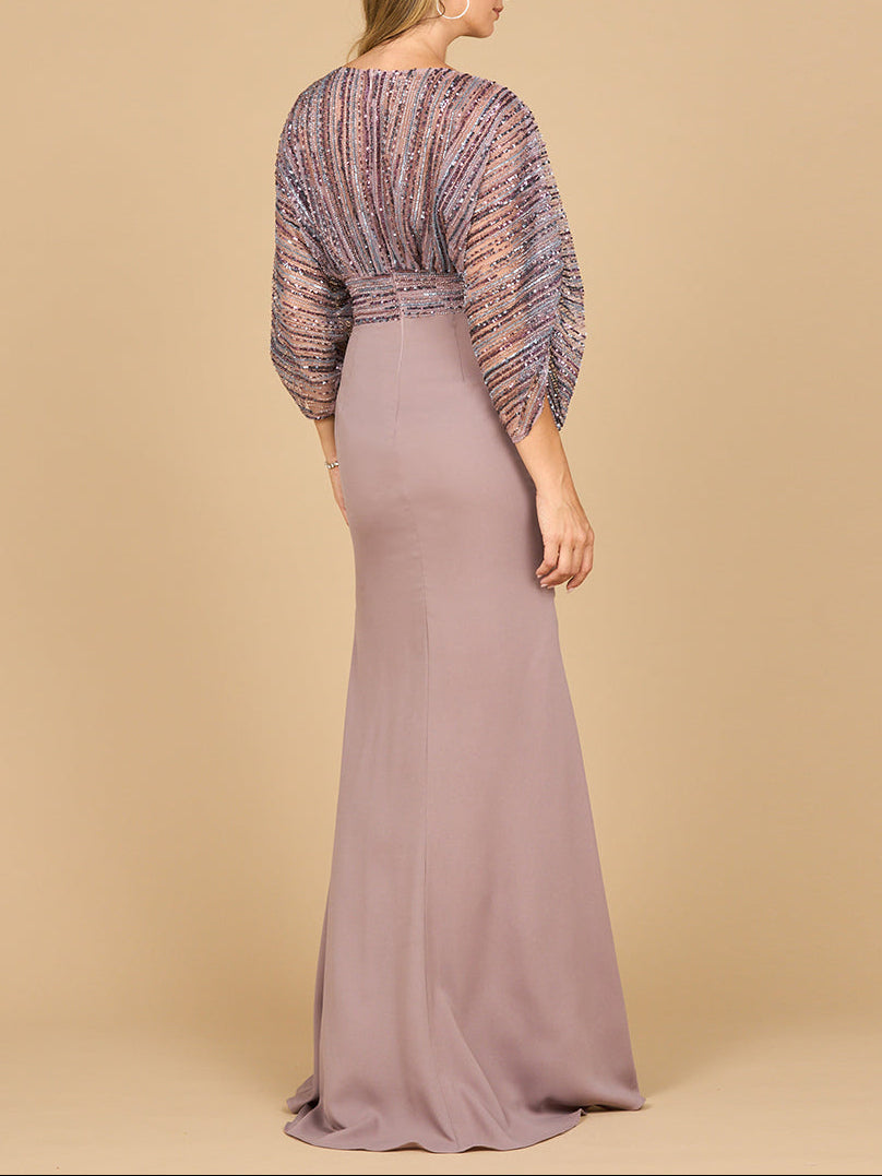 Lara 28950- Draped Skirt Gown with Cape Sleeves