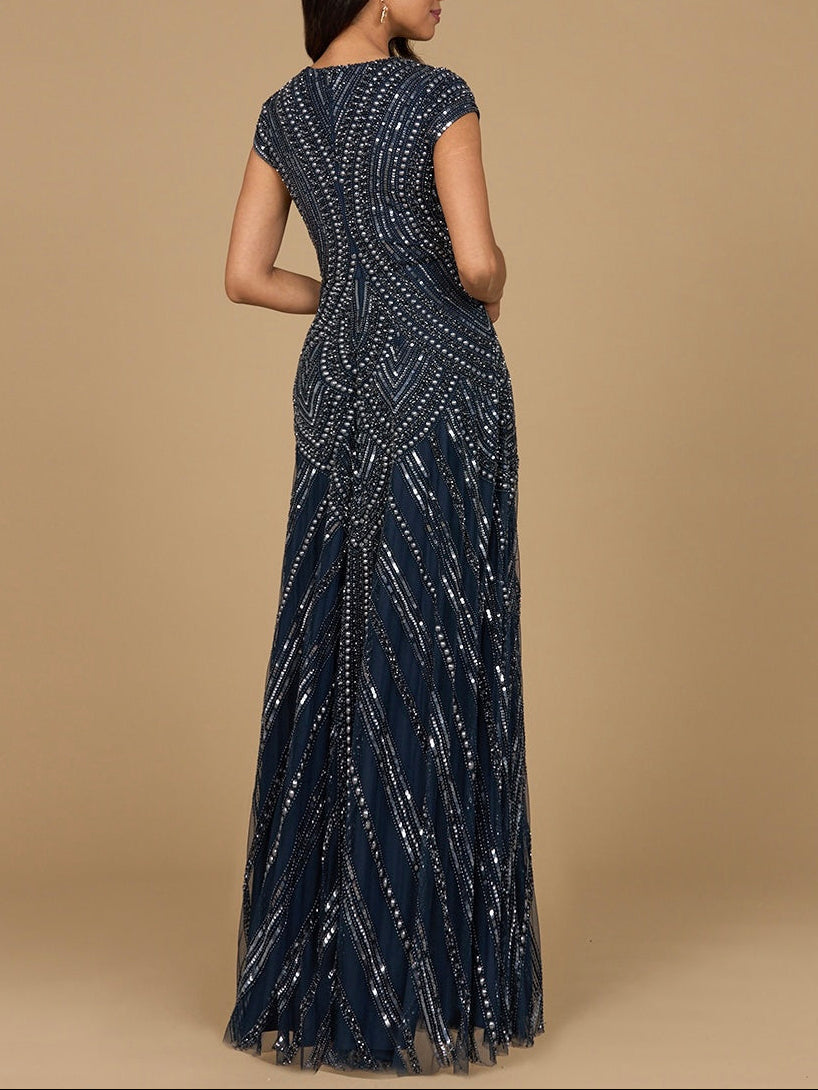 Cap Sleeve Beaded A-Line Gown