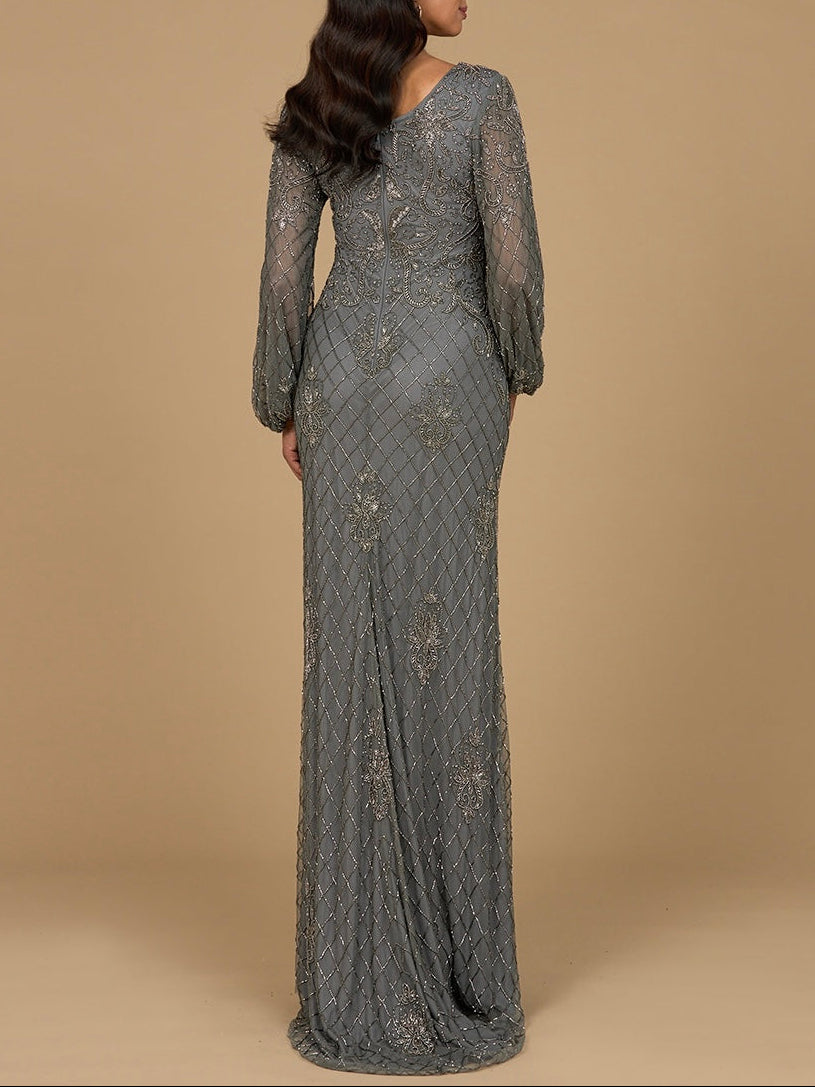 Long Sleeve Beaded Gown with Bishop Sleeves | 28955