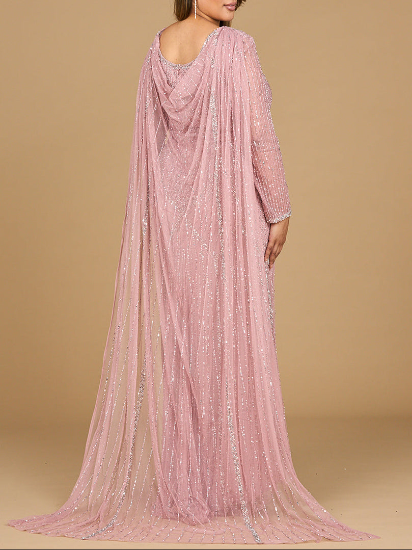 Long Sleeve Beaded Gown with Cape