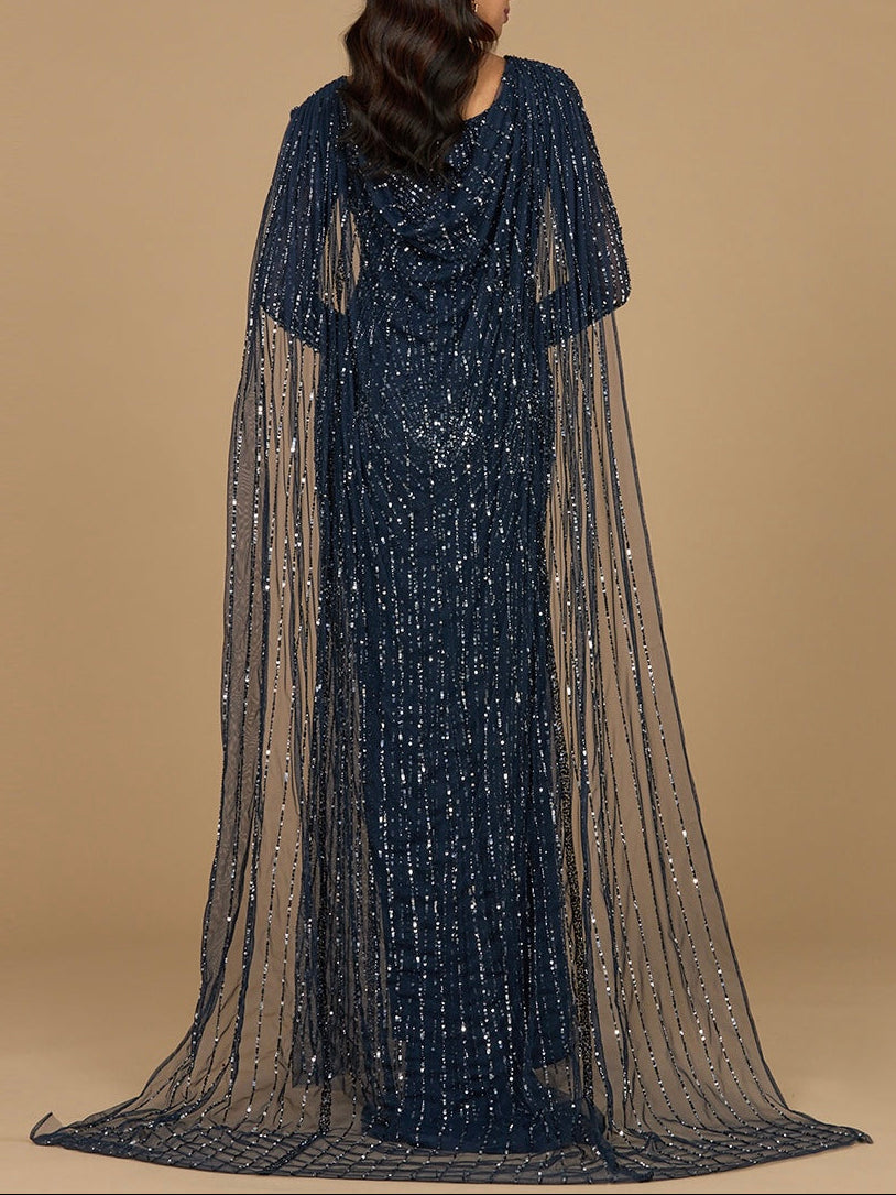 Long Sleeve Beaded Gown with Cape