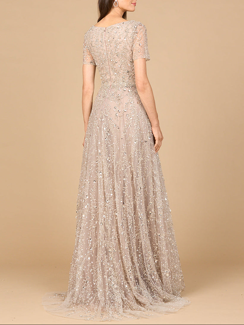 Short Sleeve V-Neck Beaded Ballgown